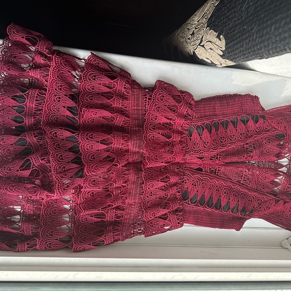 Self-Portrait Burgundy Guipure Lace Teardrop Paneled Dress - 0-2 - Picture 15 of 16